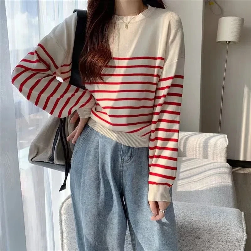 New Women Autumn Winter Clothes Solid Round Neck Sweater Jumper Long-sleeved stripe Knitted Pullovers Shirt Female Tops