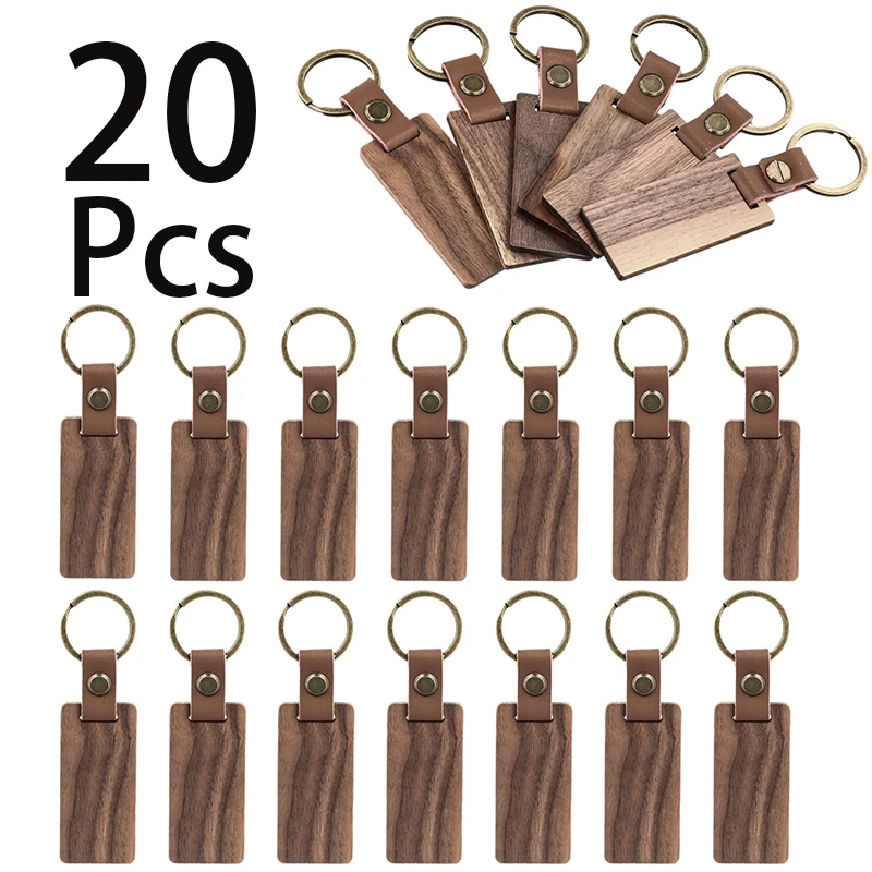 20Pcs Walnut Wood Leather Keychain Ring For Car Truck Automobile Auto Accessory