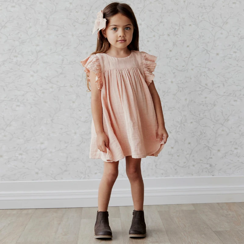 100% Cotton Double Layer Gauze Girls Ruffled Sleeved Dress 2024 Summer New Baby Girl Ruched Loose Sweet Princess Doll Dresses