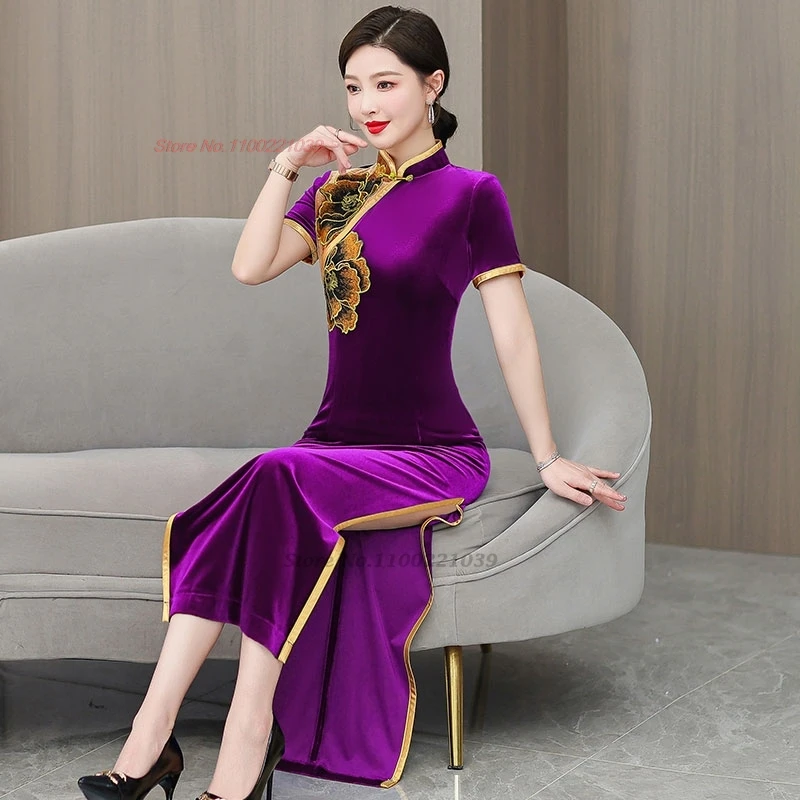 2024, китайское винтажное платье, улучшенное Cheongsam, вечернее платье с цветочной вышивкой, народное бархатное платье Ципао, платье для банкетной вечеринки