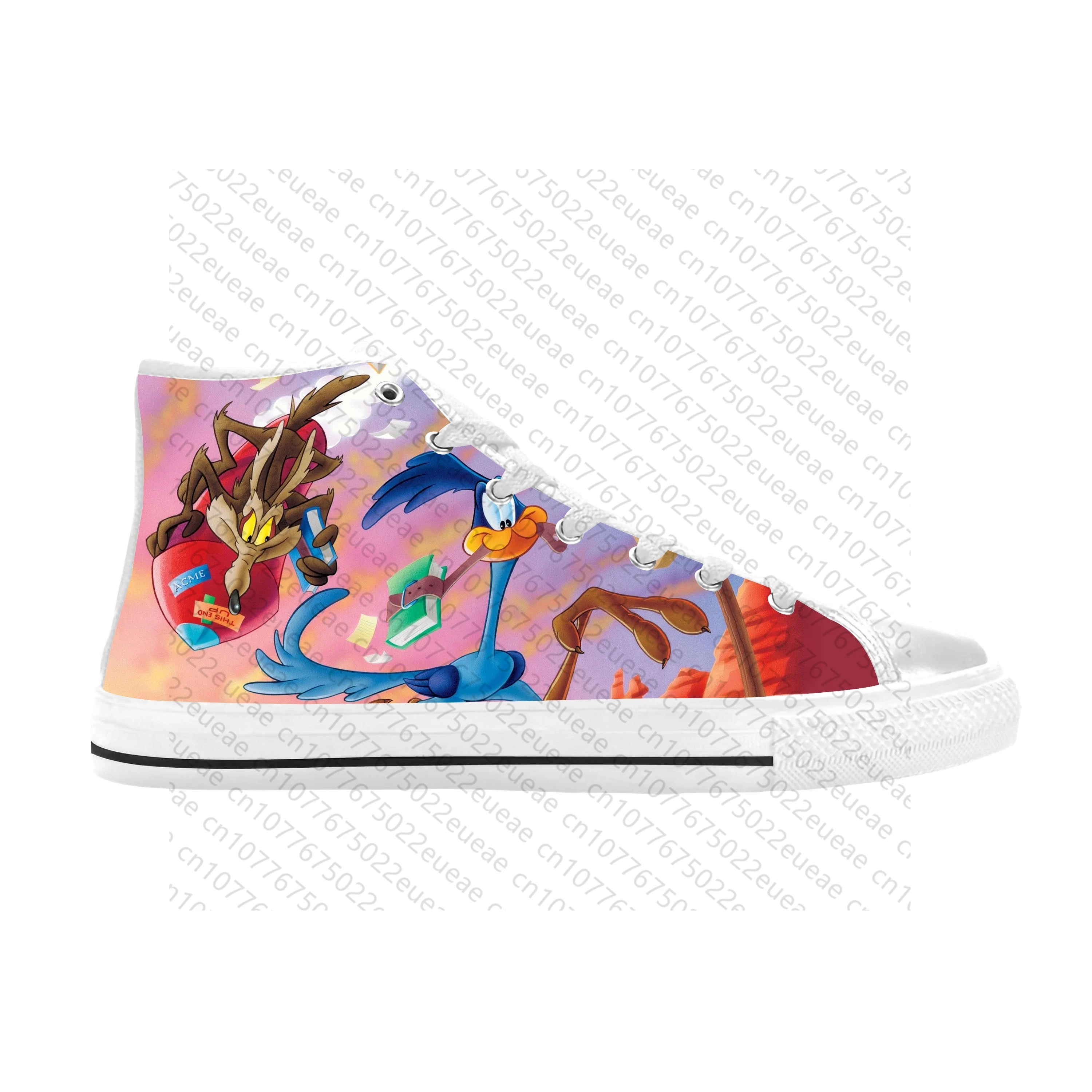 Wile E Coyote Road Runner Anime Cartoon Manga Casual sapatos de pano para homens e mulheres, top alto confortável respirável, impressão 3D, quente