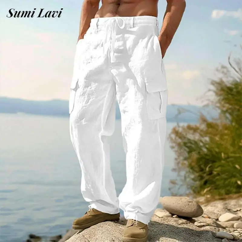 Multi Pockets Patchwork Mens Cargo Pants 2025 Summer Trendy Solid Color Loose Linen Trousers Men Vacation Beach Casual Trousers