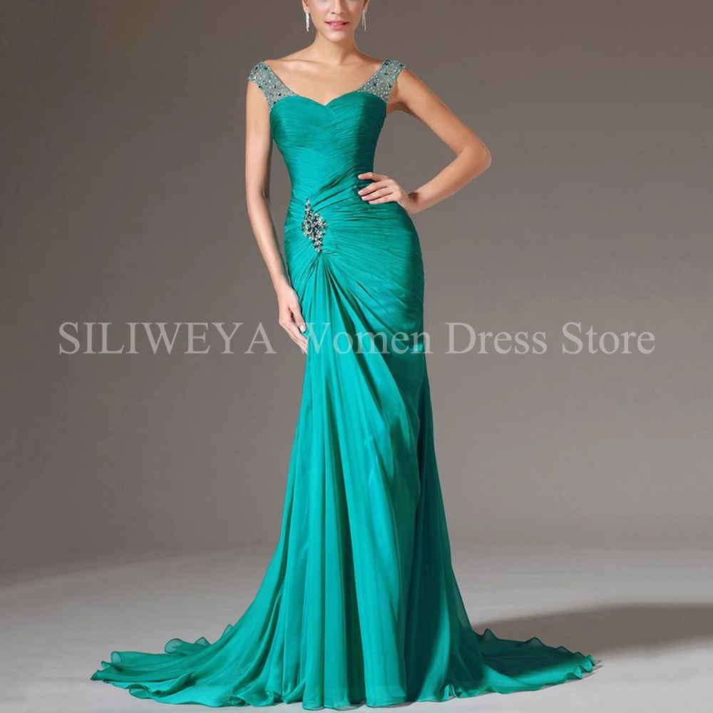 Exquisite Green Women Prom Dress Floor Length Mermaid Spaghetti Strap Square Collar Slim Fit Evening Party Banquet Gowns