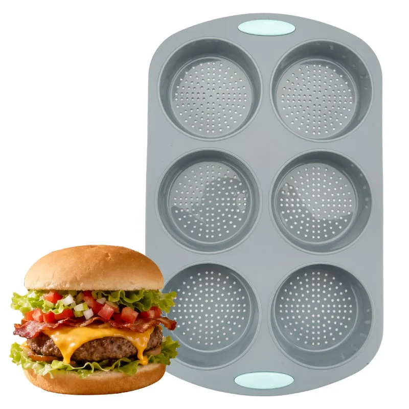 Molde para bollos de hamburguesa de silicona de 6 cavidades, antiadherente y resistente al calor, plato para hamburguesas fácil de usar