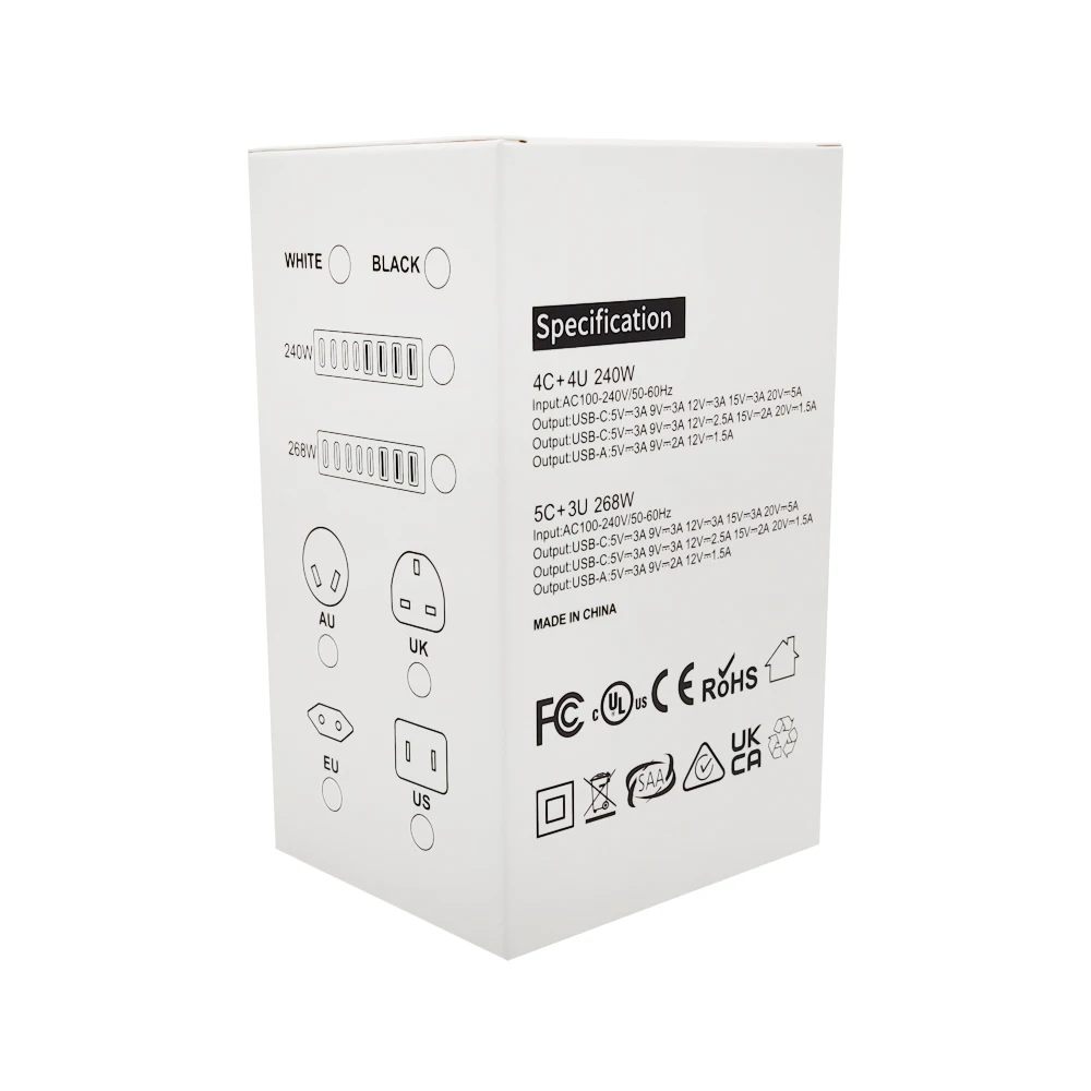 White EU/UK/US/AU Power Cord 240W GaN Charger 8 in 1 Power Strip Charging Hub 4*USBC+4*USB Charging Ports PD Charger for Family image 5
