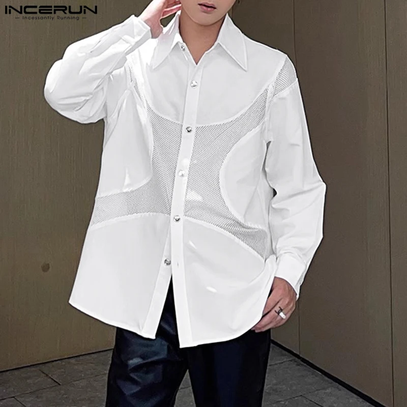 Fashion Casual Style Tops INCERUN New Men Mesh Curved Partial Splicing Shirts Handsome Male Loose Long Sleeved Blouse S-5XL 2024