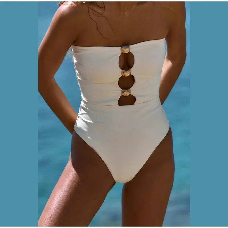 Sexy Hollow Out Metal Button One Piece Suimsuits donna Backless senza spalline Solid Slim body 2024 New Beach Vacation Swimwear