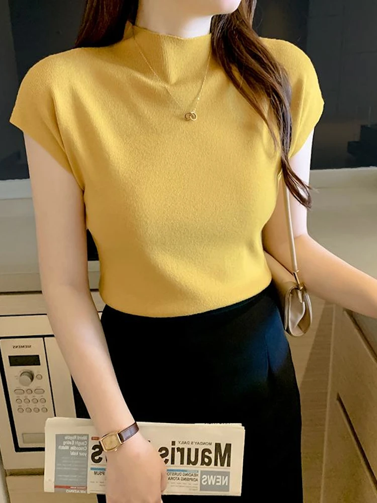Frauen Sommer Sexy Gestrickte Rollkragen Ärmellose T-Shirts Tops Solide Slim Fit Pullover Kausalen Tees Weibliche Streetwear Grundlagen Tees – Detail 12