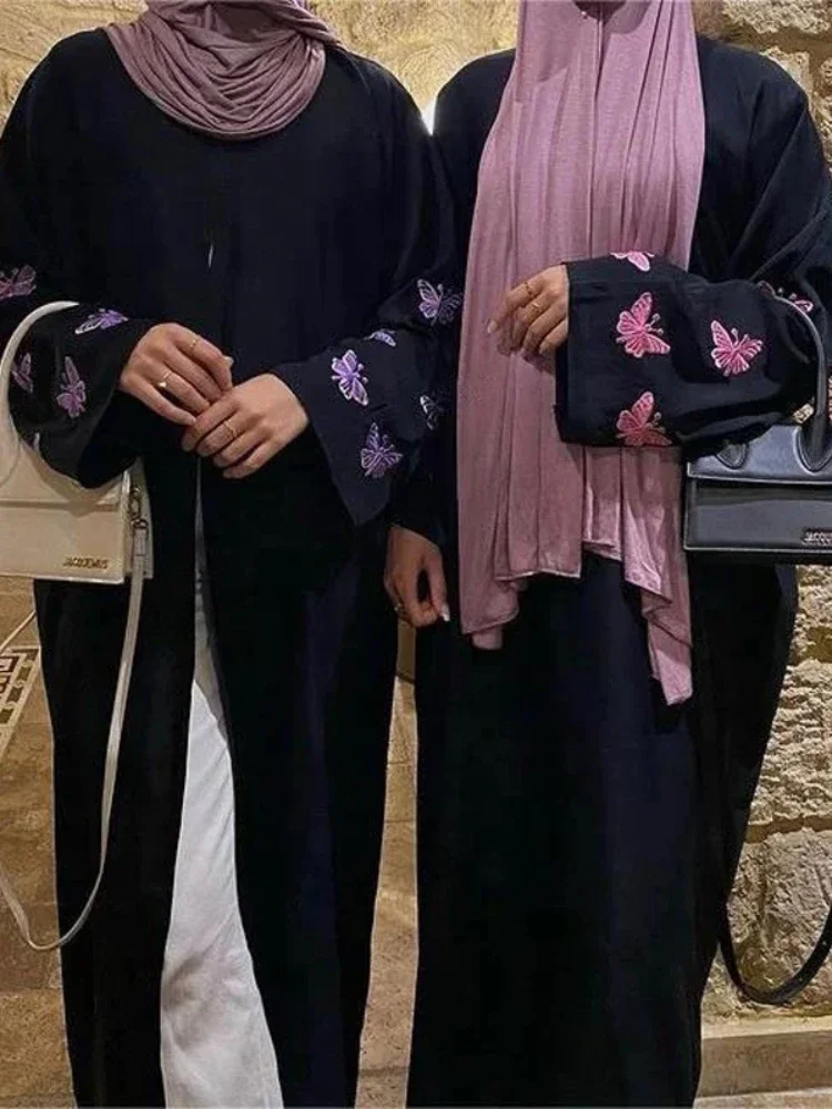 女性のためのeidイスラム教徒のドレス、バタフライ刺embroidery、ジッパーアップカーディガン、abaya、カフタン、ラマダン、ドバイ、arab、ロングドレス、2021