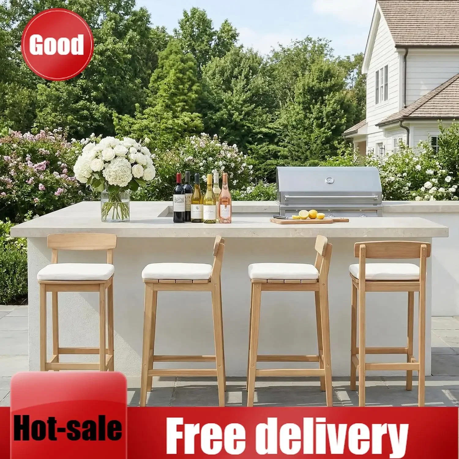 Fast Delivery & Hot SellingPatio Bar Stools Set of 4, Solid Acacia Wood Patio Barstools with Footrest, 28.5