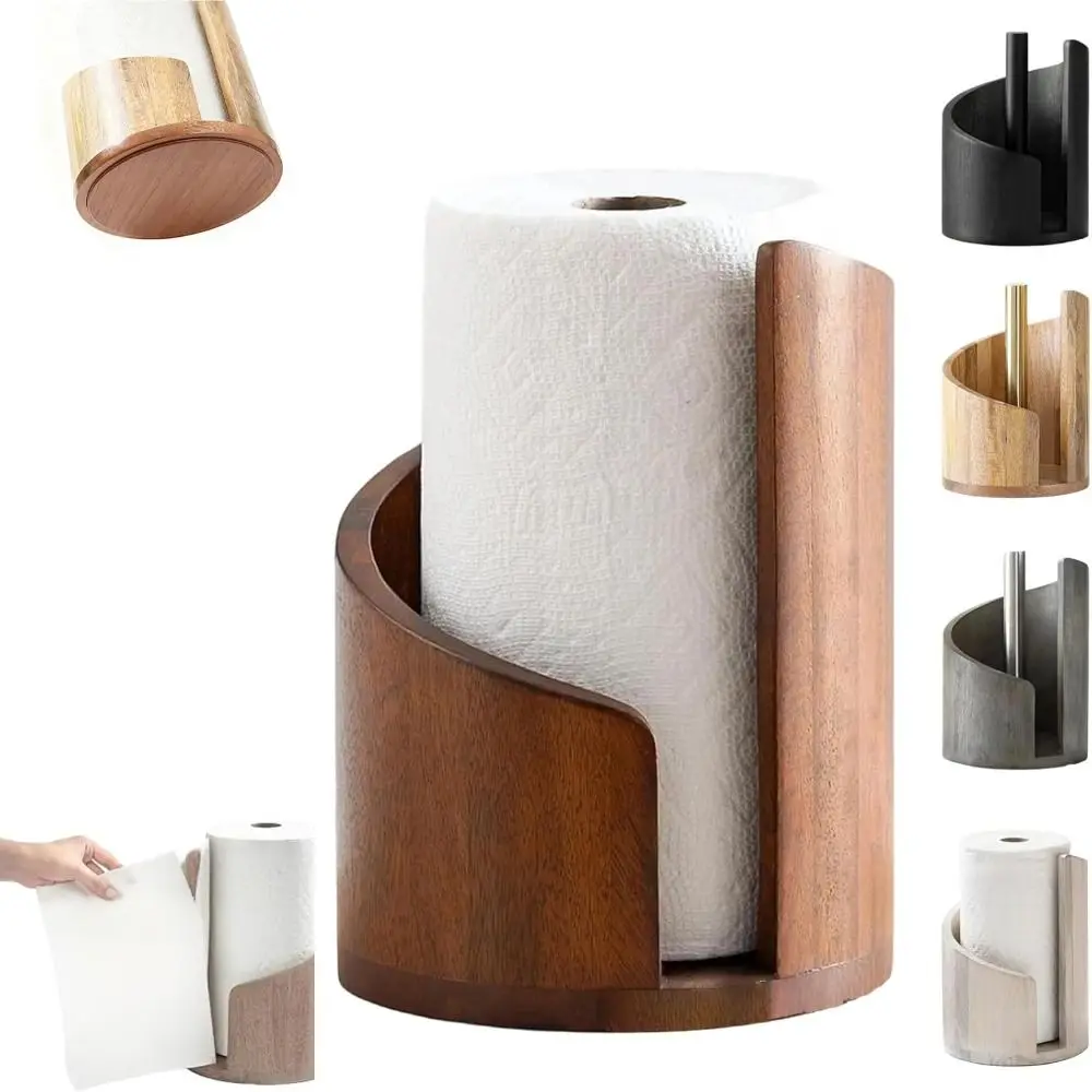 Porta asciugamani di carta in legno con base rotonda in legno di mango con supporto in ferro Porta asciugamani da appoggio Porta fazzoletti Decorazioni per la casa