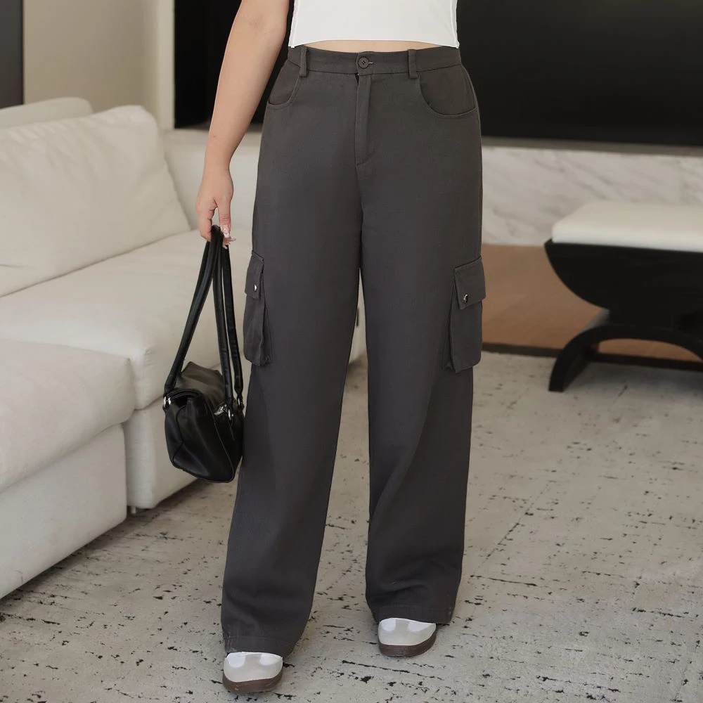 High Waist Straight Leg Double Pocket Casual Cargo Pants Women Fall 2024 Good Quality XL Washed Cotton Long Trousers 8766