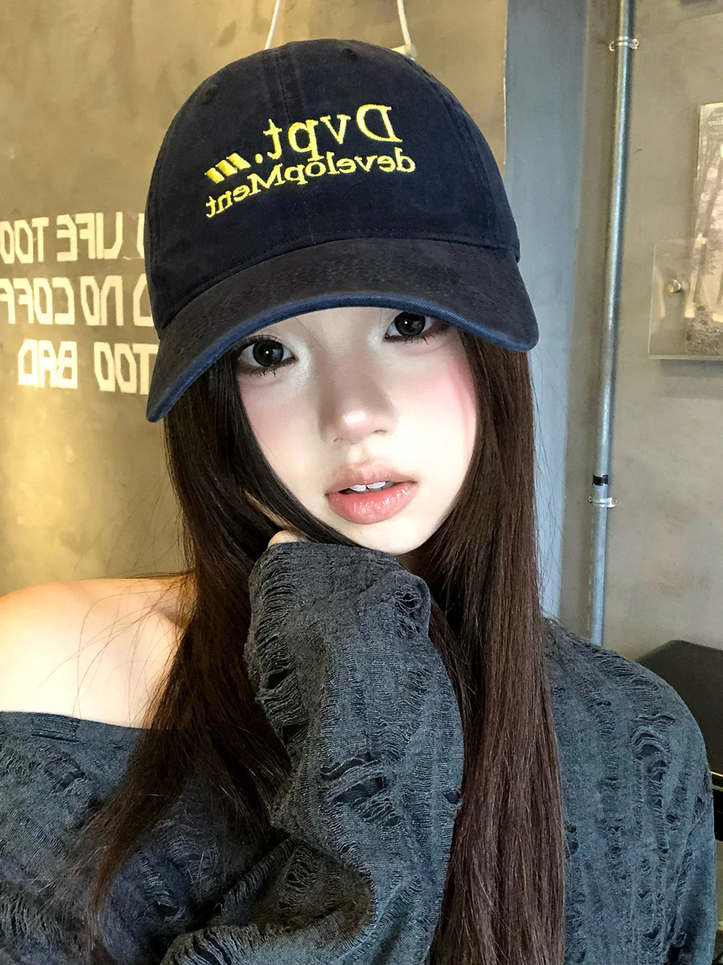 Korean Style Dark Blue Letter Embroidery Baseball Cap Women's plus Size Deepened Hat Wide Brim Face Slimming Hat