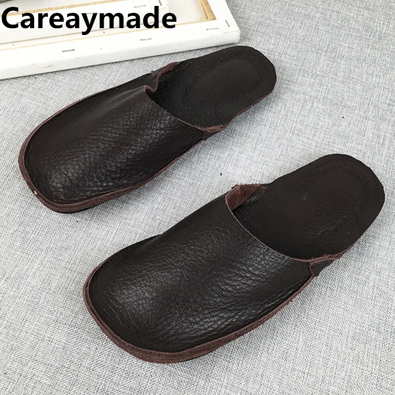 Careaymade-Genuine leather round head retro grandmother shoes literary and artistic model slippers pure handmade slippers