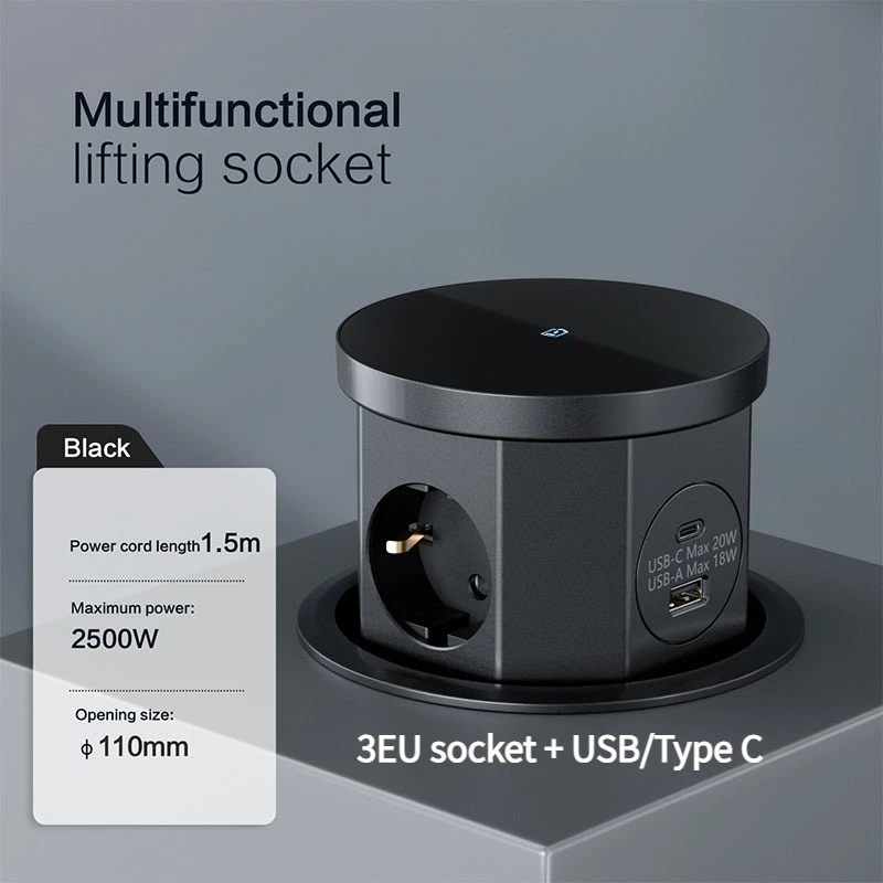 YINKA pop-up tafelcontactdoos hijsaansluiting, USB Type-C stopcontact, EU-aansluiting, 15W draadloos opladen, desktop verborgen hijsaansluiting