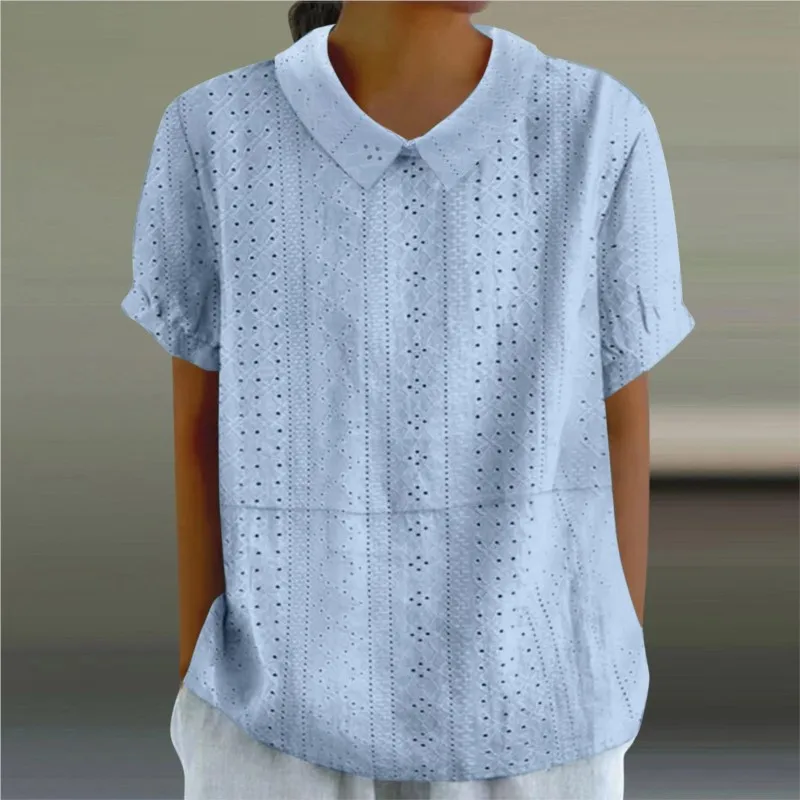 

Autumn Fashion White Pink Short Sleeve Shirt Women's Doll Neck Loose Casual Shirts Tops Summer Palace Lock Print Women Clothing