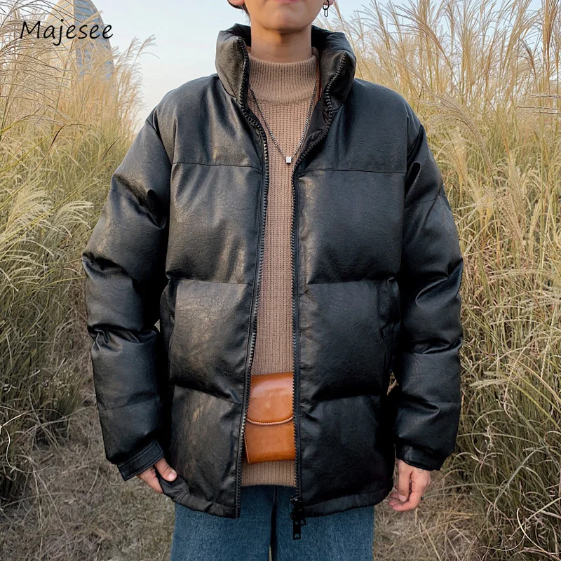 

PU Leather Parkas Men Winter Solid Color Blocking Daily Simple Korean Style College Baggy Stylish Stand Collar Aesthetic Ins