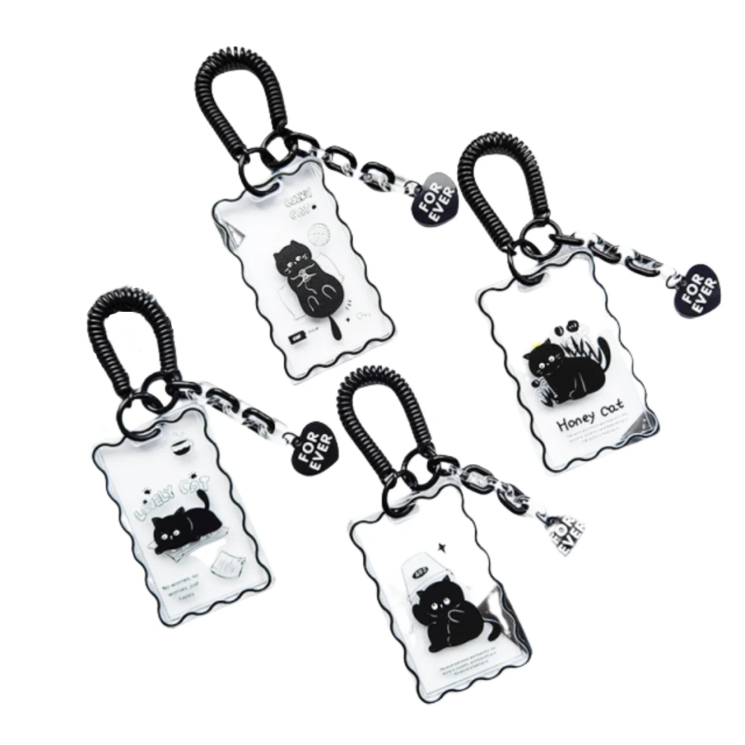 Kpop Photocard Holder Keychain Cartoon Little Black Cat Transparent Card Cover Student Bus Rice Card Photo Protector Sleeves