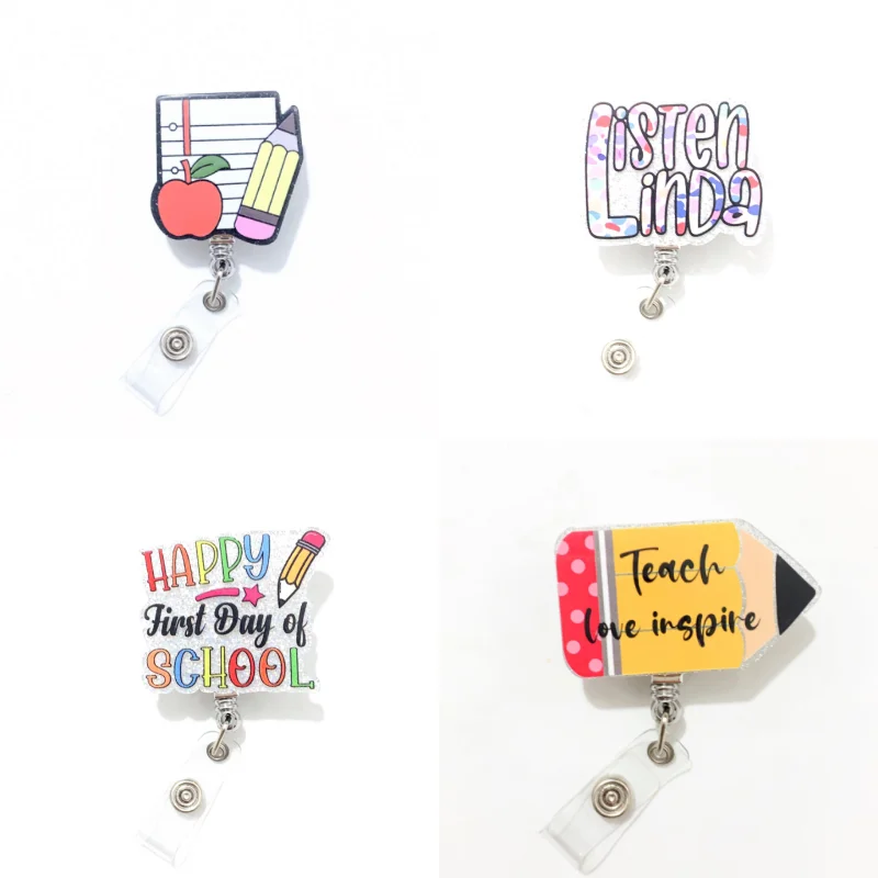 1PC Glitter Pencil Acrylic“Listen Linda” “Teach Love Inspite”Apple Charm Planar Key Chain Stretchable Jewelry Teachers' Day Gift