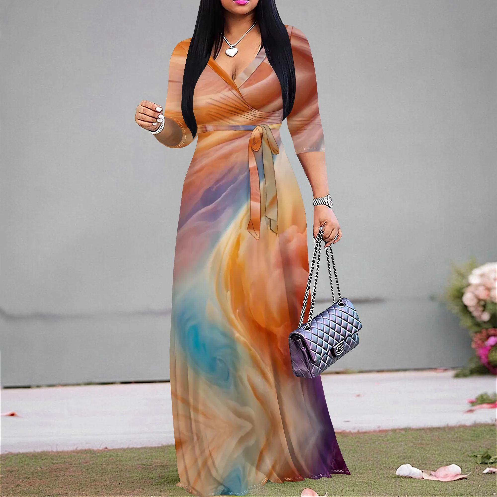 

Watercolor Gradient Maxi Dress S-3XL V-Neck Belted Style for Spring Garden Party, Easter Brunch or Beach Vacation