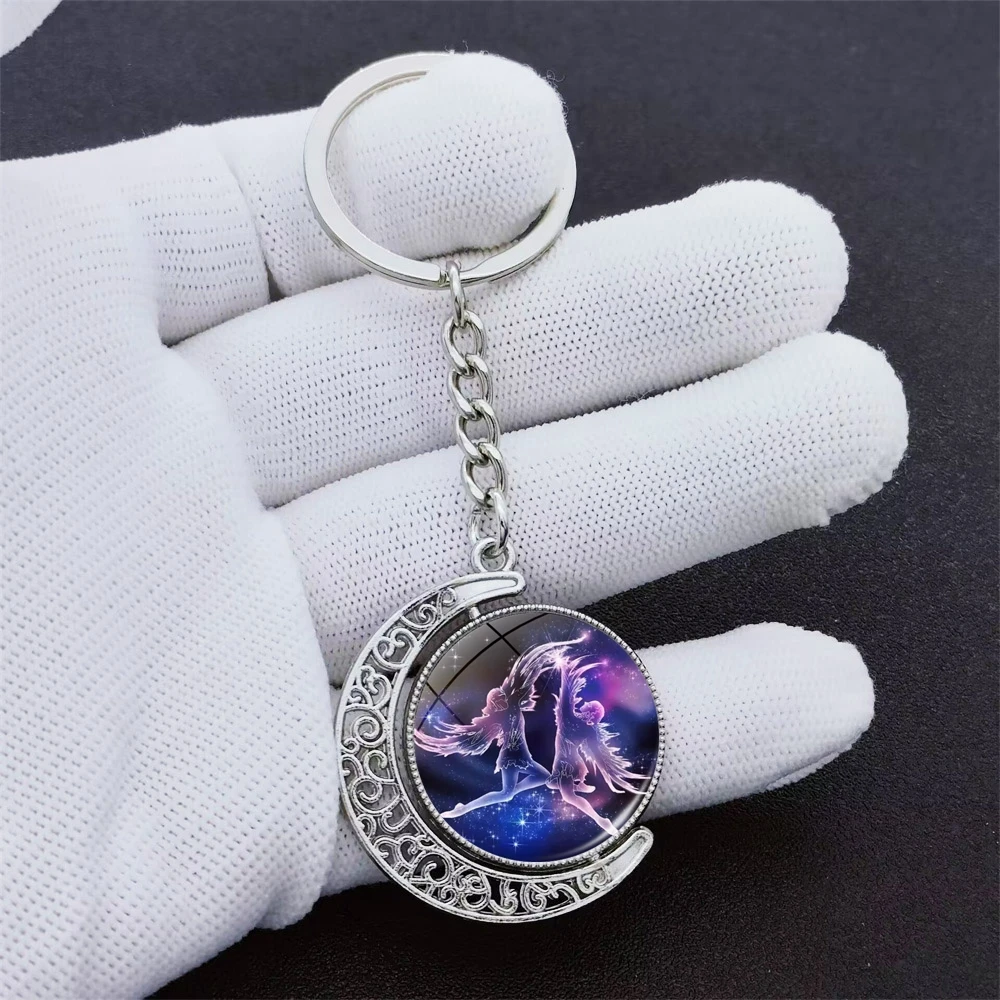 New 12 Constellation Glass Ball Key Rings Double Sided Rotatable Pendant Zodiac Signs Keychain For Women Fashion Birthday Gift