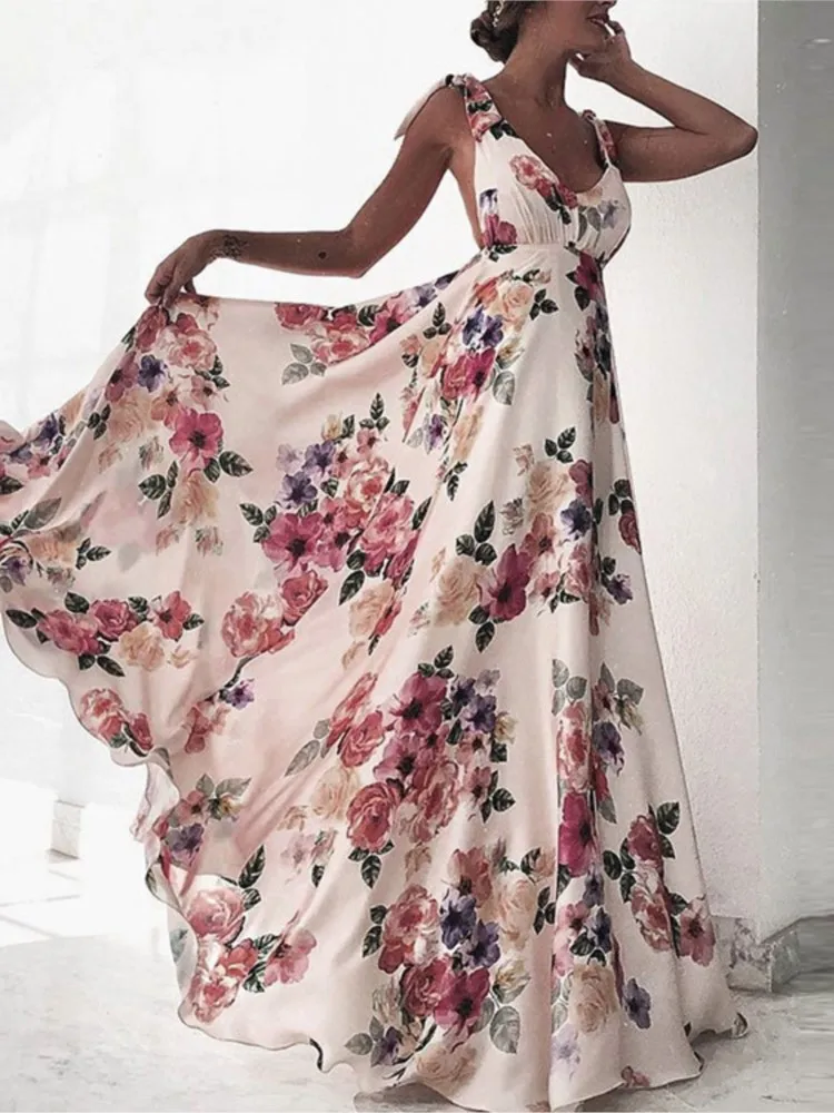 

Backless Printed Large Swing Sleeveless Suspender Dress Summer Elegant Mid-waist Temperament Commuting V-neck Tie Long Skirt