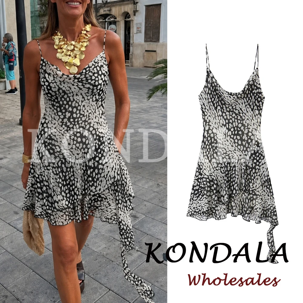 KONDALA Asymmetrisches bedrucktes Damen-Cami-Kleid, rückenfrei, Sommer, sexy, schmal geschnittenes Minikleid, Mode 2026, Schnürung, Leopardenmuster, schickes Damenkleid