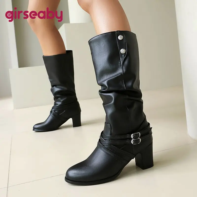 

Girseaby/женские винтажные сапоги до середины икры с круглым носком, 6 см, туфли без шнуровки на блочном каблуке с металлическими заклепками для больших размеров 41, 42, 43 Коричневый