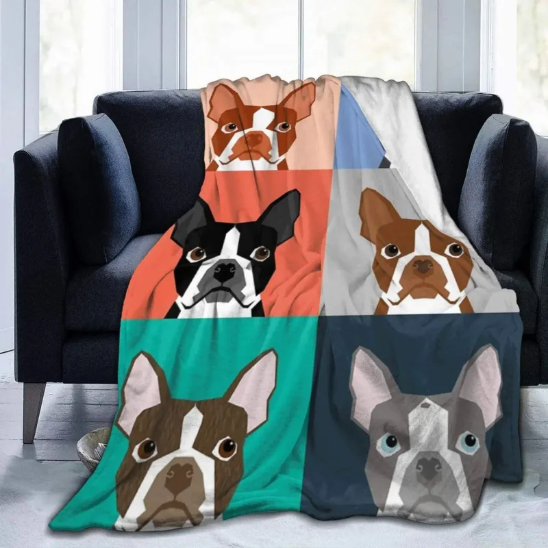 Boston Terrier Dog Cartoon Blankets Throws Soft Light Weight Blanket for Bed Couch and Living Room Suitable