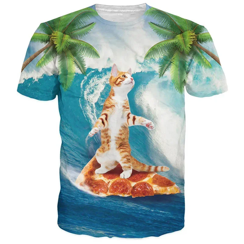 

2025 Fun Surf Cat T-shirt 3D Printed Men Women O Collar Short Sleeve T-shirt Fashion Casual Street Harajuku Children's Clothing