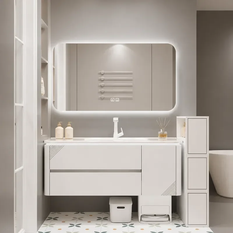 Oak Paint Bathroom Cabinet with Ceramic Integrated Basin and Rock Slab Countertop Washstand Combination for Modern Bathrooms