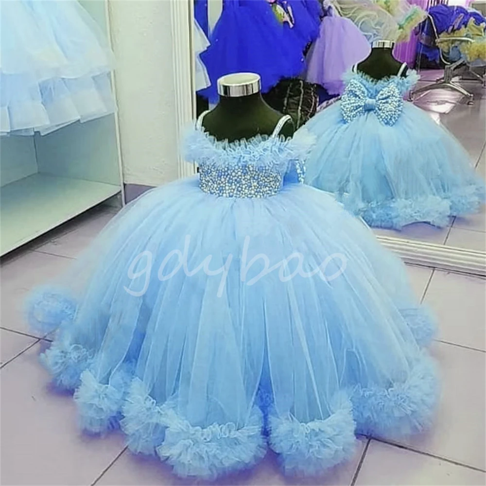 Ruffles Toddler Flower Girl Dresses Tulle Pearls Bow Child Wedding Party Birthday Long Robe First Communion Gown for Baby Girls