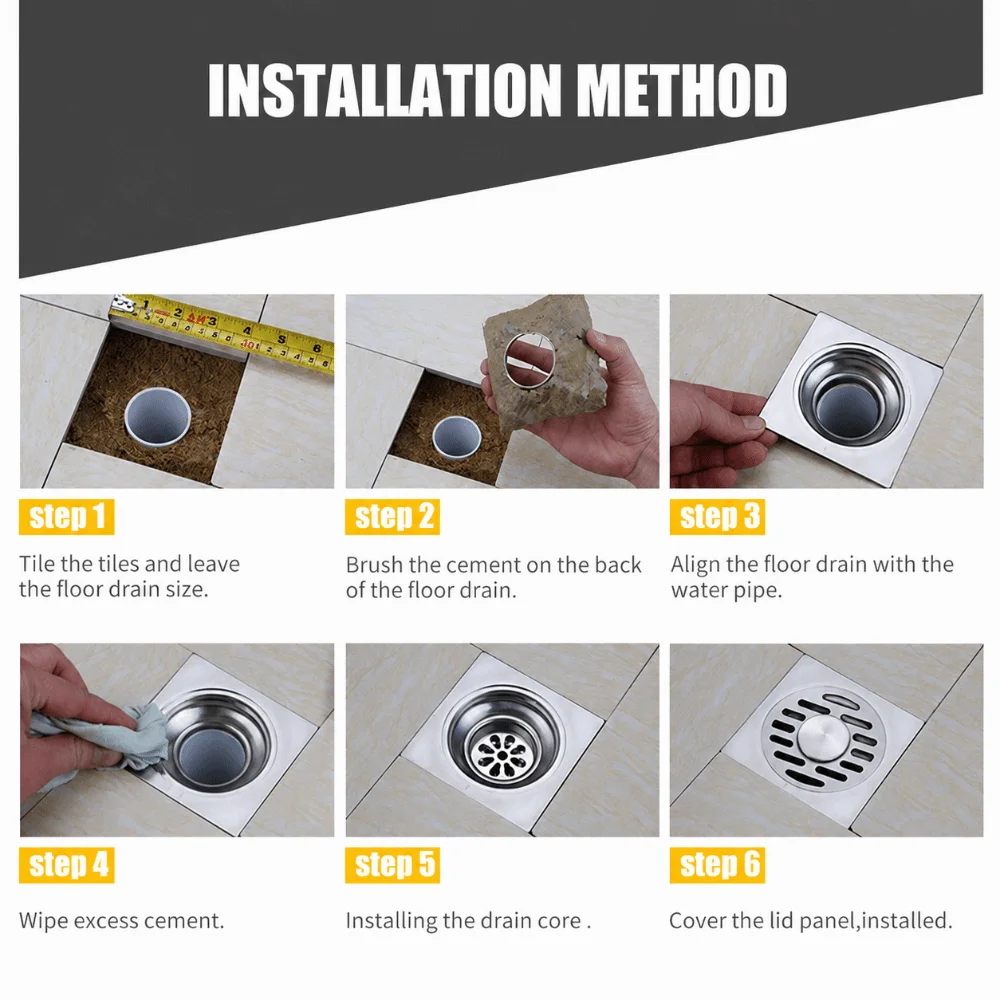 304 Stainless Steel Floor Drain Square Shape Removable Cover Shower Drain Odor Prevention Anti Backflow Drain Protector Garage
