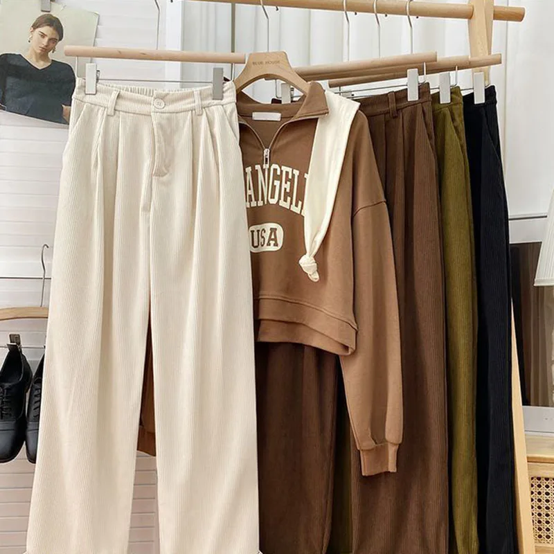 Xpqbb Vintage High Waist Corduroy Pants Women All Match Streetwear Baggy Wide Leg Trousers Casual Classic Straight Pants Female