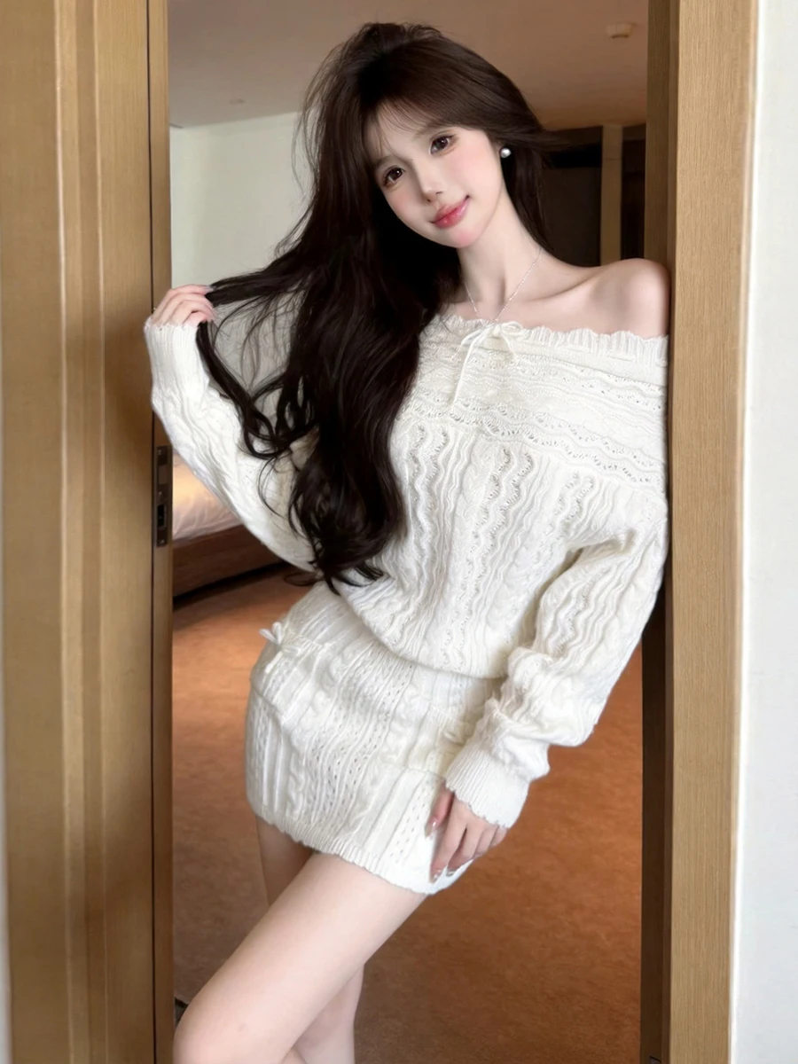 Loose Knitted Hollow out Sweater Set with Braided One Shoulder Design Casual Style Women's Fashion Autumn Collection