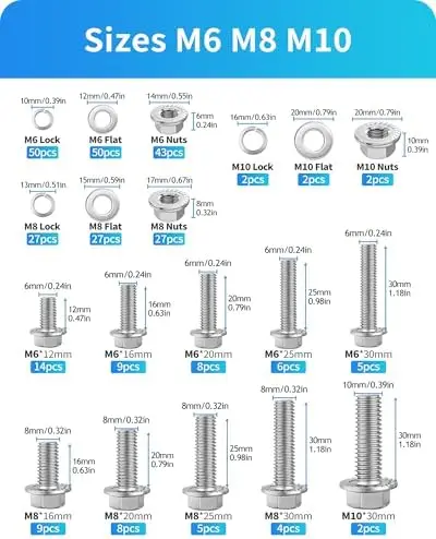 

Набор метрических фланцевых болтов (300 шт.) - M6, M8, M10, нержавеющая сталь, шестигранные болты, гайки и шайбы - Зубчатые фланцевые крепежные элементы