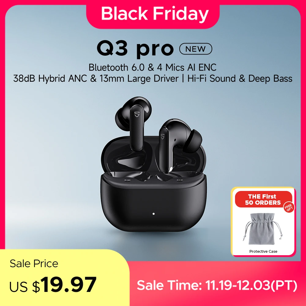 

SoundPEATS Q3 pro Wireless Earbuds Active Noise Cancelling Bluetooth V6.0 Earphones with 4 Mic,13mm Driver,Multipoint Connection