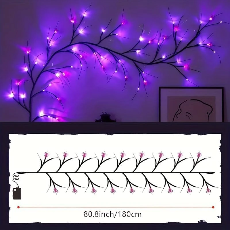 Halloween Vine String Lights, Cor preto e roxo com decoração de aranha, Decoração de árvore interior e exterior, Promoção
