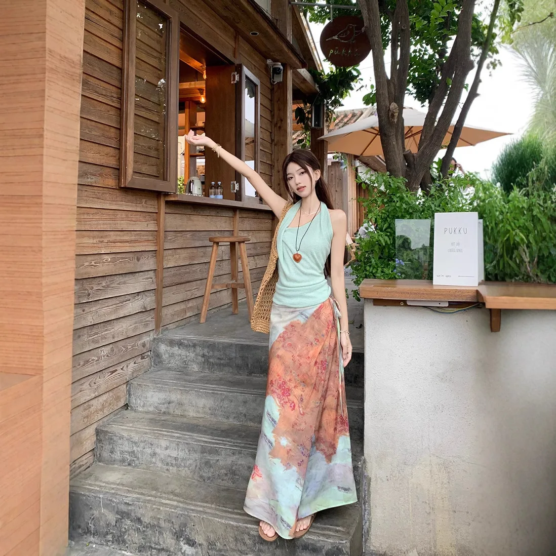 

2025 Halter-neck Tank Top + Elegant Retro Tie-dye High-waisted Skirt for Women