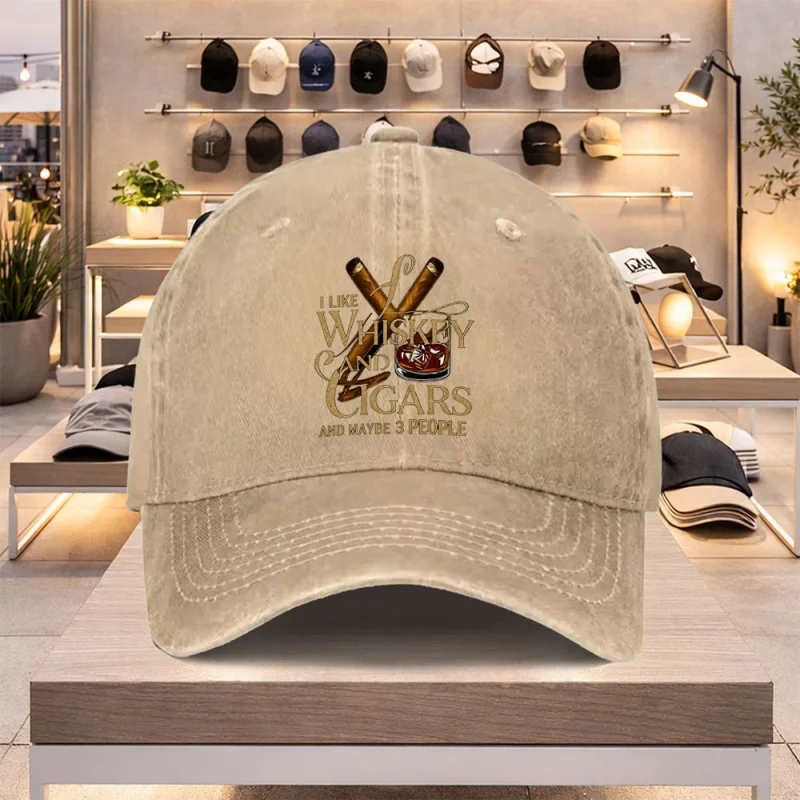 Whiskey & Cigar Pattern Baseball Cap – Lightweight Adjustable Flat-Brim Hat for Men and Women