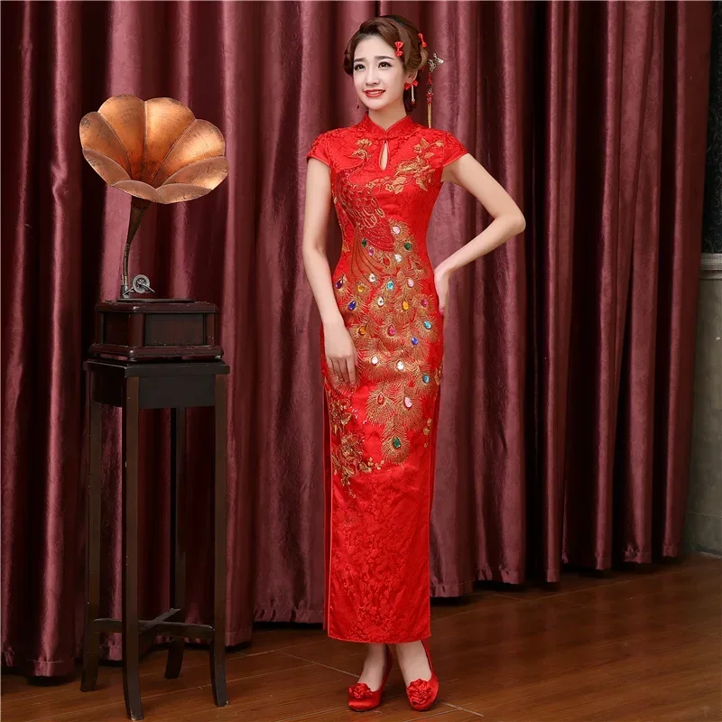 chinese new year women clothes Short long dress red cheongsam qipao wedding dress pluss size woman evening Sequin Dragon Phoenix