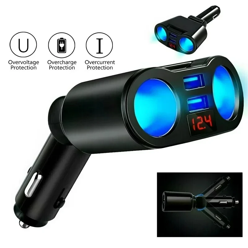 4 IN 1 Car Cigarette Lighter Socket Splitter Charger QC3.0 Fast Charger Dual USB A Digital Display Power Adapter For All Phone