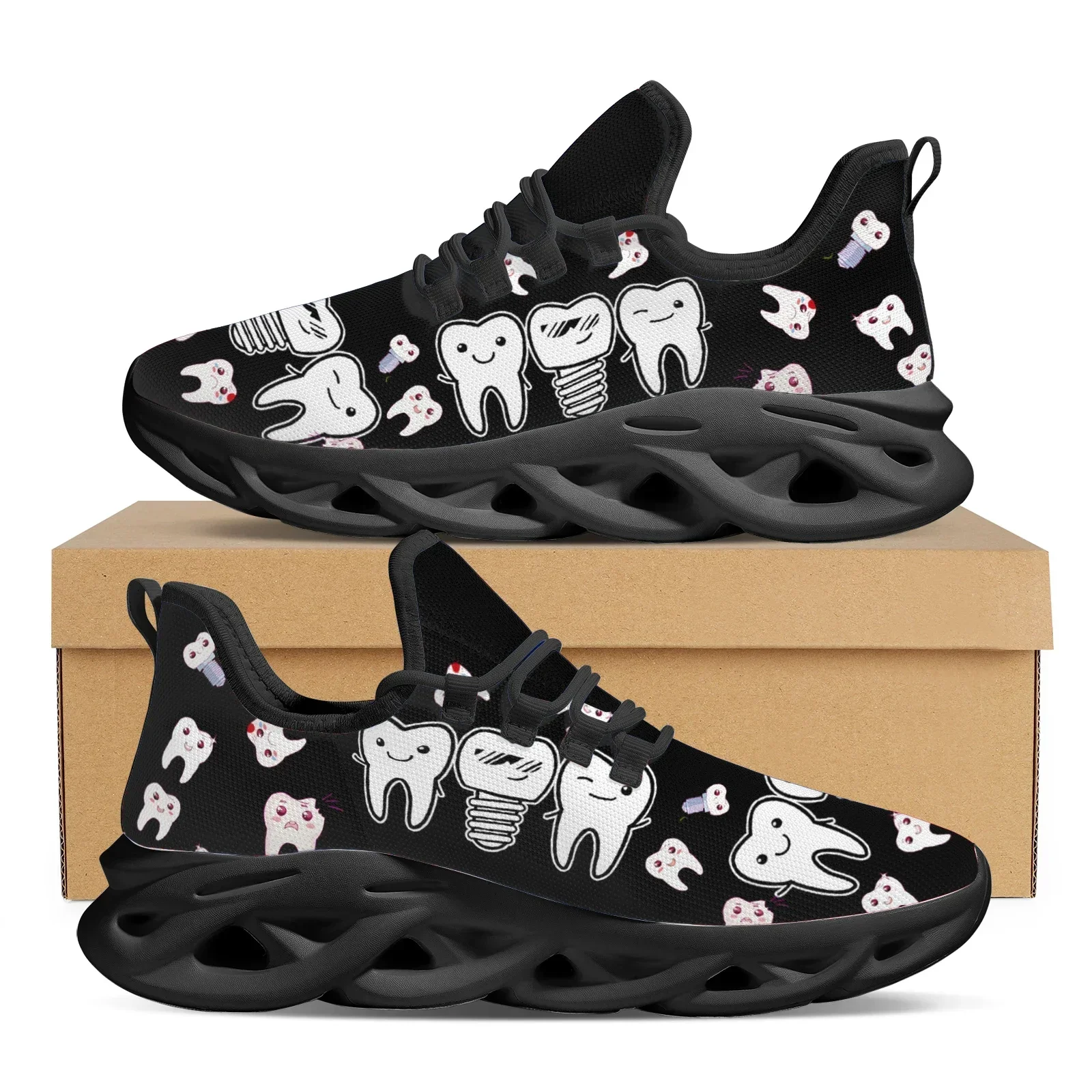 

Cute Cartoon Teeth Platform Sneakers Comfortable Breathable Summer Knitted Blade Shoes Black Dental Shoes Flats