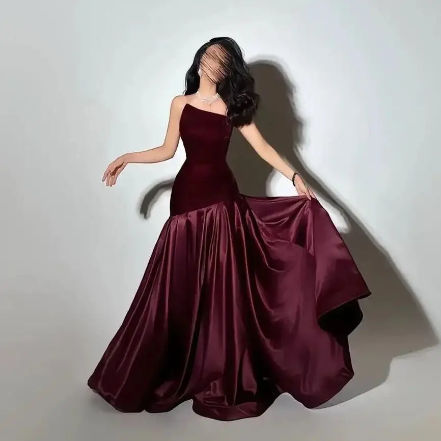 

Medalion Customized Sexy Strapless Prom Gown Women's A-line Burgundy Party Evening Dresses Floor-length Formal Occasion Dress