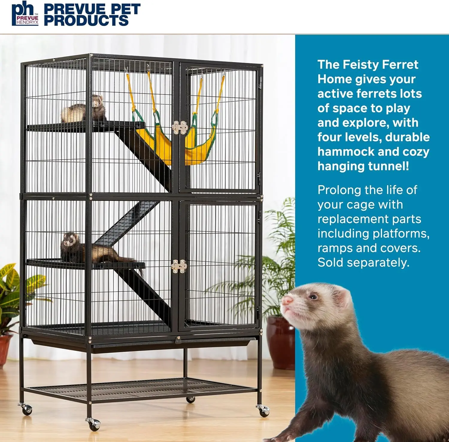 Pet Products Feisty Ferret Home with Stand, Black  with Hammock and Suede Ferret Tunnel 485