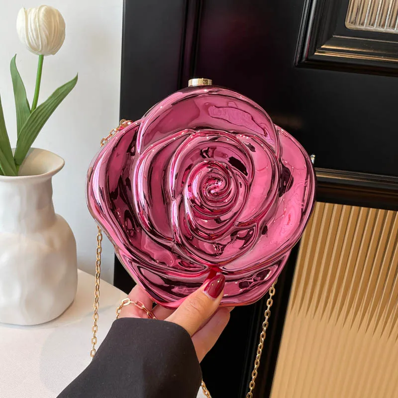 

3D Rose Flower Shaped Evening Clutch Bag Fashion Metallic Mirror Finish Hard Case Purse with Chain Luxury Floral Handbag