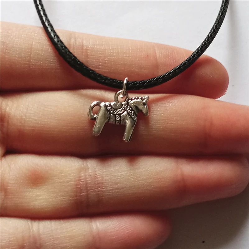 Trojan Horse Charm Choker Necklace, Black Leather Choker, Cartoon Horse Pendant, Bohemia Necklace for Woman
