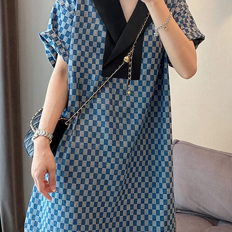 Summer Women Checkerboard Print Patchwork Chic Y2K Streetwear Midi Dress Korean Style V Neck Short Sleeve Loose Dresses Vestidos