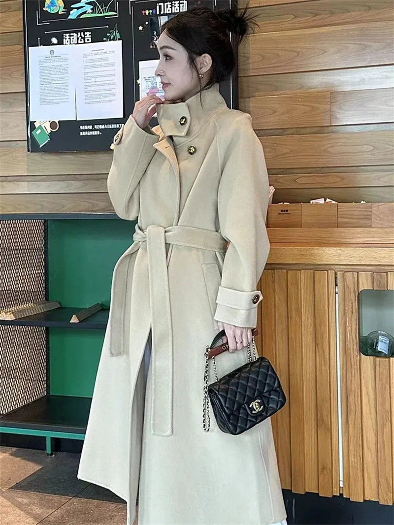 

2025 Winter Autumn Christmas Black Loose Long Wool Coat Jacket Belt Woolen Overcoat Korean Women Split Hem Cardigan Outerwear