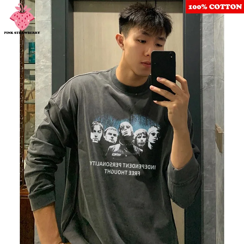 

American Street Band Print T-shirt Men Autumn Winter 2025 New 100% Cotton Long sleeved Casual Loose T-shirt Y2k Top men clothing